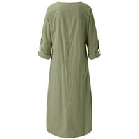 Atinetok haljine za žene Vintage pamuk posteljina plus veličina gumba Up Maxi haljine s džepom čvrstog lakta-duljina okruglog vrata ljeta dugačka formalna haljina zelena s