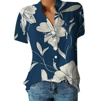 Henley casual bluza Cvjetni ljetni vrhovi kratkih rukava za žene Blue XL