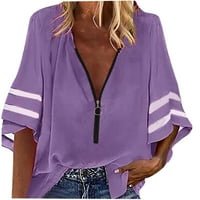 Ženska V-izrez Solid Zip prednja bluza Lantern Mesh rukava Labave Ležerne prilike Top Majice Hot6SL4869348