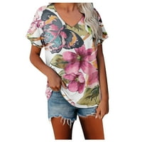 Floralna majica za žene Ležerne prilike V-izrez kratki rukav cvjetni ružičasti m