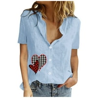 USMIXI Ženske košulje V-izrez kratki rukav na karirani srce ljeto Slatka vrhova casual gumb dolje lapel
