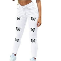 Skinny traperice za žene leptir tiskane tanke fit traper hlače ravno noga visokog uspona Jeans hlače