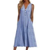 Ljetne haljine za žensko dugme Stripe V V izrez džep bez rukava Elegatn dugačak odmor Boho haljina