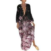 GDFUN Žene Trendy Vintage Print Dugme Dugi rukav Vrući dolje Dress Dress Elegantne Casual Maxi Haljine