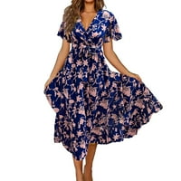 Ljetne haljine za žene casual s kratkim rukavima cvjetni print v izrez Maxi Slim sa remenom Boho haljina