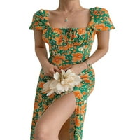 Thaisu ženski haljina s kratkim rukavima, cvjetni ispis kvadratni remen split verzija odjeća