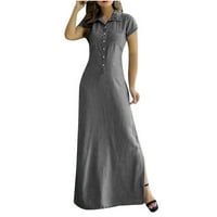 Modni ženski casual okrugli izrez Maxi suknje tiskane kratkih rukava s malim rukavima sa džepovima siva