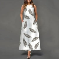 Ženske haljine klirence bez rukava Maxi Fashion A-line ispisane posade Crta ljetna haljina bijela s