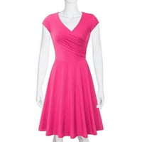 Žene ljetne casual uskim čvrstim a-linijskim haljinama Elegantne V-izrez midi puff rukave plutane haljine vruće ružičaste xl