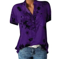 Bluza kratki rukav Ležerni cvjetni ljetni Henley vrhovi za žene ljubičaste s