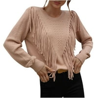 Dukseri za žene Modni rukavi Tassel Crew izrez labave boje bluza u boji pleteni džemper khaki xl