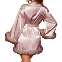 Elegantni kontrast Fau Fur V izrez dugih rukava za spavanje Dusty Ružičasti ženski ogrtači