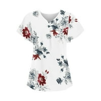 Vrhovi za žene cvjetna print Crewneck casual bluza naletirana kratki rukav labav pulover majica bijeli