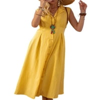 Ženska majica haljina rever izrez duge maxi haljine gumb dolje Ljeto plaža Sunderss casual holi žuti