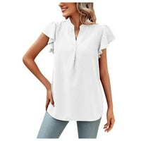 V izrez bluza Kratki rukav za žene ruffle rukave casual top na vrhu švicarske dot labave majice bijele