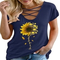 Leuncero Womens Casual V rect košulja Summer kratkih rukava Criss Cross Sunflower bluza Labavi cvjetni