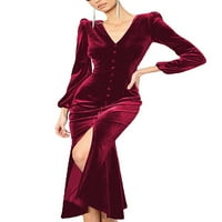 Beiwei Dame Elegant V izrez Maxi haljine gumbi Jednostruka grudna haljina za žene splitske haljine claret