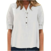 Žene casual v izrez košulje Ljetna polovica posteljina pamučna labava labava bluza trendi puni gumb