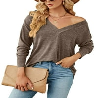 No zimska jesen košulja za žene V izrez dugih rukava pulover na vrhu casual labavo bluza Tee kafa 2xl
