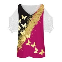 Ženske vrhove Dressy Case Letse Ljeto Ugasina majica V-izrez kratki rukav leptir vruće ružičaste L