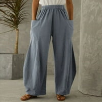 Ženske hlače Modne žene Labave čvrste pamučne posteljine Big džepovi Casual široke hlače za noge pune