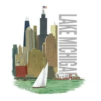 Jezero Michigan, Chicago, Illinois, Vintage Watercolor, Skyline