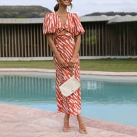 Žene Ljeto V izrez Kratki puff rukava izdubljena izlazna otiska plaža Maxi haljina