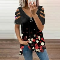 Ženske bluze Ženske modne casual V izrez patent zatvarača tiskani majica s kratkim rukavima s kratkim