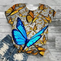 Ženske bluze i vrhovi Dressy kratki rukav ženski modni slatki leptir Print pulover casual donja košulja gornjih okruglih vrata kratkih rukava za žene, plavo, 4xl