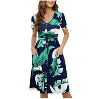 Ljetne haljine Trendi kratki rukav A-linijski duljina koljena lagana cvjetna V-izrez Haljina zelena