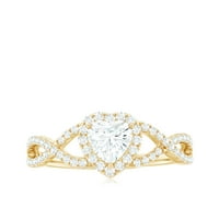 Oblik srca Moissitni crossover zaručnički prsten sa halo za žene, 14k žuto zlato, US 5,00