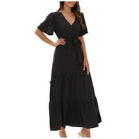 Ženske svečane haljine klirence kratkih rukava V-izrez Dress uska haljina Dating Duljina čaja, crna,