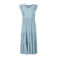 Clearsance Ljetne haljine za žene bez rukava od pune casual srednje dužine A-line V-izrez haljina plava