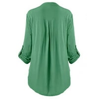 Ženska modna labava casual plus veličine čipka V-izrez duž se niz majicu dugih rukava, zelena, xxl