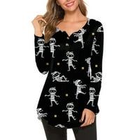 Vrhovi za žene plus veličine dugih rukava V izrez Halloween Print majice Pleased gumb Tunika casual