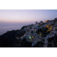 Pogled iz zraka i vjetrenjače u sumrak - Oia Santorini Cyclades Egean Grčki otoci Grčki poster Print