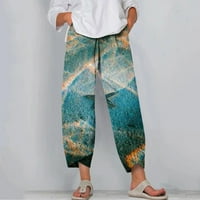 Ženske pamučne posteljine hlače elastični struk obrezan salon Ležerni mramorni print gaćica lagane pantalone