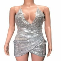 Dewadbow Žene Sequin Glitter remen Mini haljina V izrez Večernja haljina za zabavu