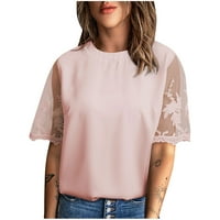 Smihono Clearence Summer Crew majica za djevojke Ženska modna ugodne vrhove Veze za patchwork Womens Odjeća od pune boje Mrežne lažne bluze kratkih rukava za žene ružičaste 10