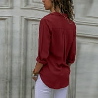 Ljetni vrhovi za ženske modne dame šifon dugi rukav V-izrez rever pune boje Bluze Ljetna casual tunika majica za odmor na caringu