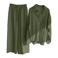 JPLZI ženska ležerna čvrsta košulja pamučne tipke retro plus veličine Visoko struk labav džep dug pant