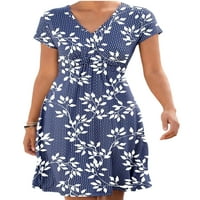 Haite Dame Ljeto plaže sandress v izrez Mini haljina cvjetna tiskana majica haljina Travel party kratki rukav tamno plavi 2xl