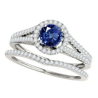 Mauli dragulji za angažovanje prstenova za žene 1. Carat Halo Split Shank Sapphire i dijamantski mladenci set prong-postavke 14k bijelo zlato