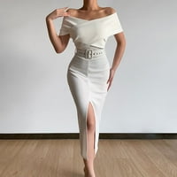 Ženske oblače čvrste dužine gležnja Bodycon kratki rukav ležeran ljetni sher-ramene haljina bijela m