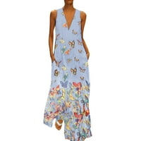 Haljine za žene Sundress Butterfly Print bez rukava V V vrat Dress Casual Labavi Long Maxi haljina za