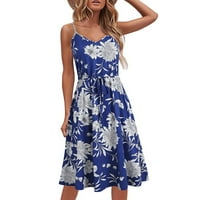Ljetne haljine za žene Halter Loose Duljina koljena cvjetna A-linijska haljina bez rukava Blue S