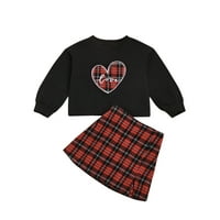Odjeća Carolilly Girl odijelo srce tiskano pulover džemper s crnom i crvenom proverenom suknjom