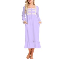 Hiheart Women's Plus size Pamuk Victorian Nightcown Dugi dugi duljina rukavska haljina s džepovima Light