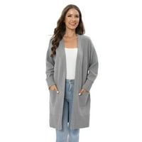 Xmarks ženski čvrsti dugi rukav otvoren prednji dugi kardigan džemperi dugi pleteni s džepovima Sivi