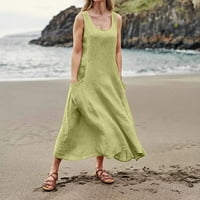 Stalni ženski modni casual Solid Color bez rukava pamučna posteljina haljina kaki 2xl